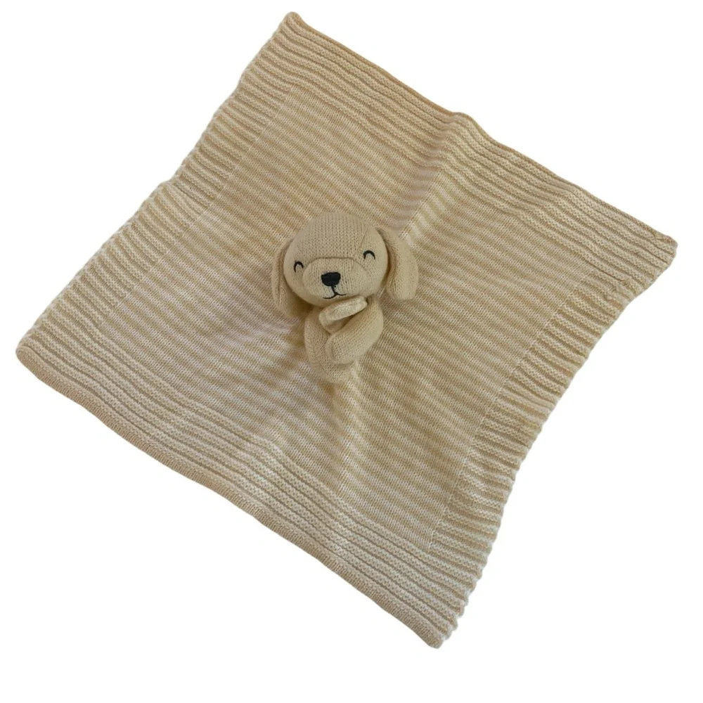 Carter’s Knit Puppy Dog 14” Lovey Blanket Yellow Beige White Stripes 2021‎ Knit